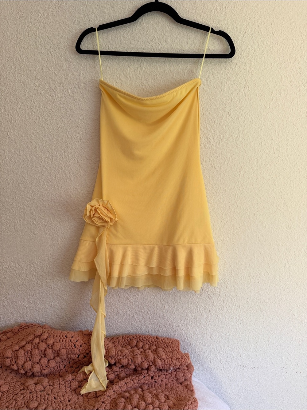 Edikted Yellow Ruffle-Hem Mini Skirt with Floral Sash